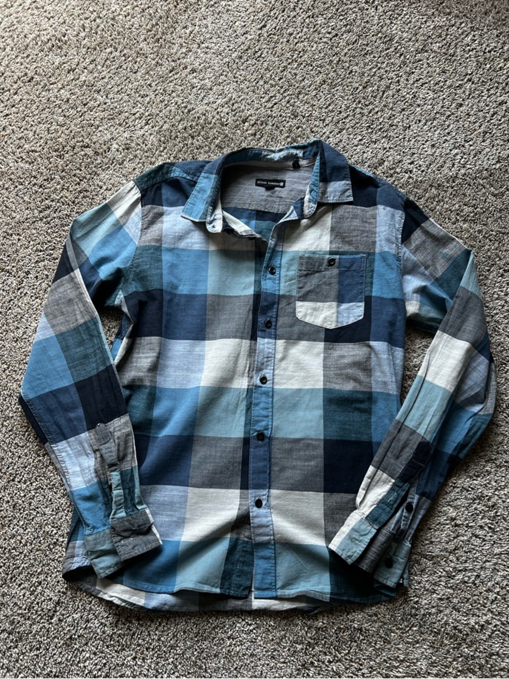 Ocean Current Men's Blue and Gray Plaid Button-Down Shirt